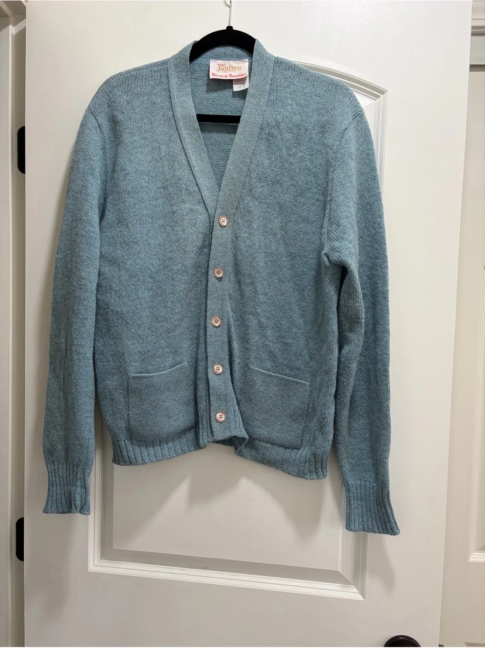 Vintage 60s 70s Jantzen Scotch Tumbler Unisex Cardigan Sweater Blue L